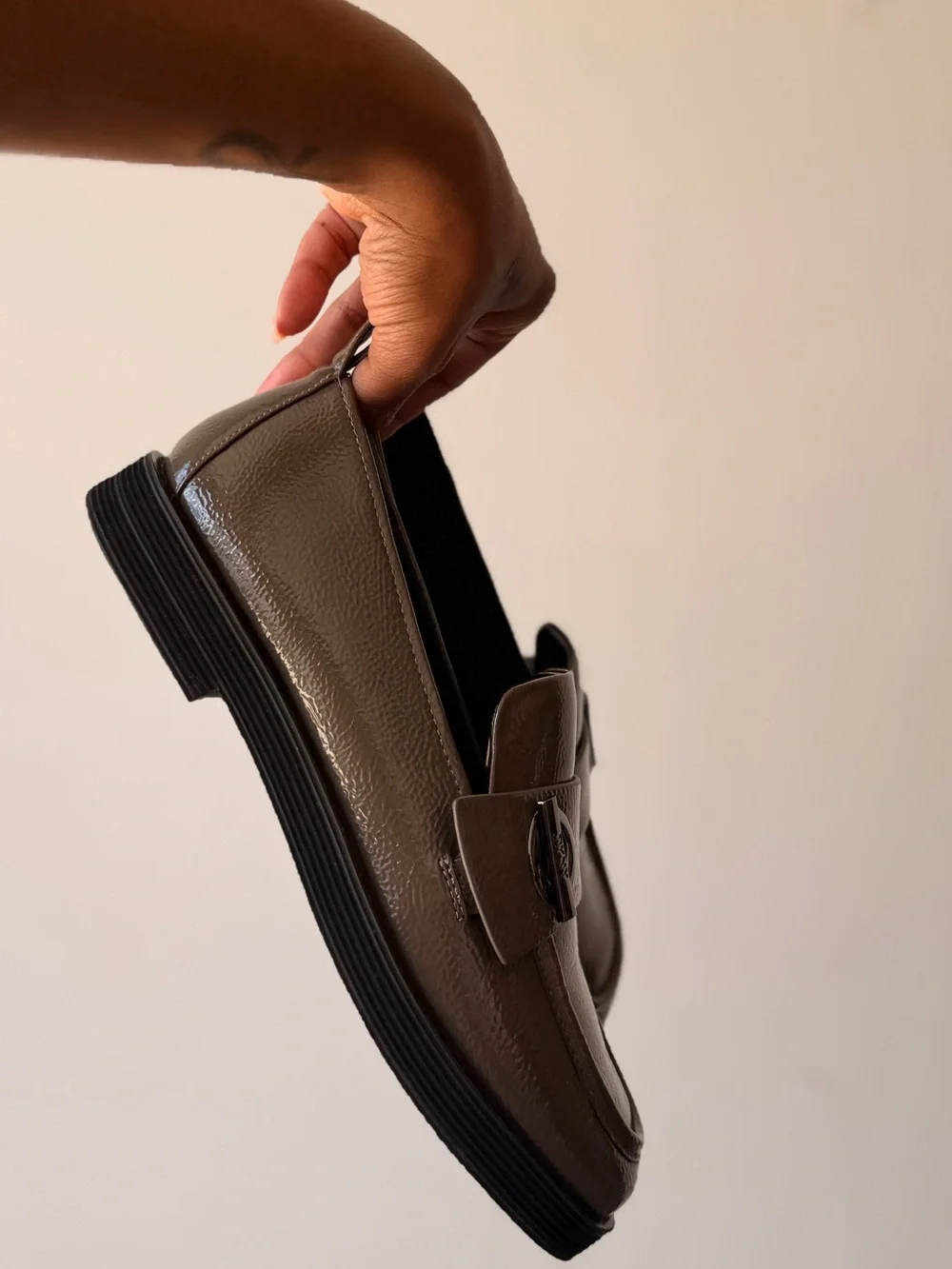 DKNY Glossy Taupe Brown Penny Loafers with Silver Bit